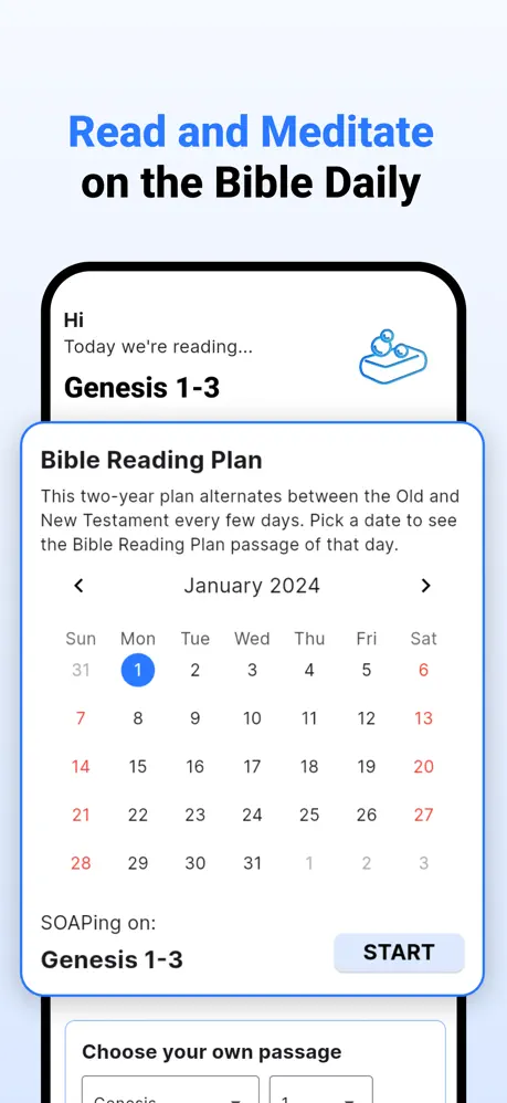 Reading plan screen with today's passage and a plan calendar