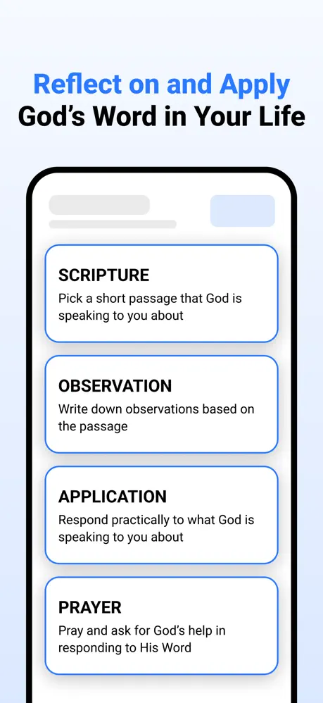 SOAP entry screen with Scripture, Observation, Application and Prayer cards